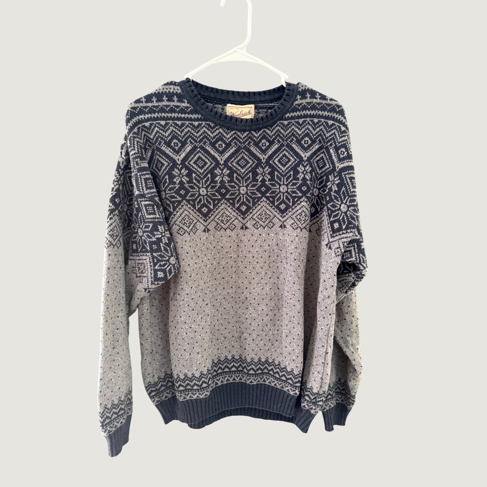 Woolrich Vintage 90s Men L Fair Isle Crewneck Sweater Navy Gray Cotton Blend USA